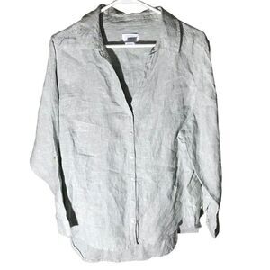 Sigred Olsen 100% Linen size 1X Button Down light gray/green long sleeve